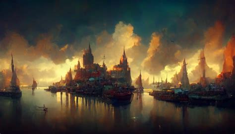 Fantasy Port City Painted Cinematic Midjourney