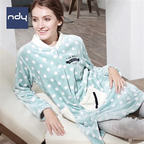 Ndy Cute Korean Pajamas Set Flannel Long Nightgown Women Sleepwear