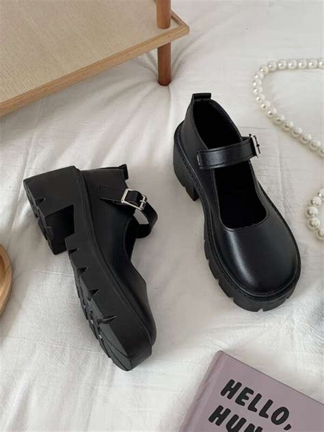 Womens Thick Soled Single Shoes Black Buckle Mary Jane Shoes Fashionable High Heeled Leather