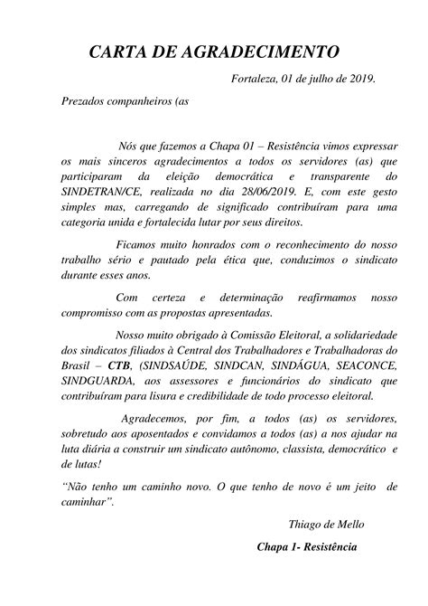 Carta De Agradecimento Sindetran Ce