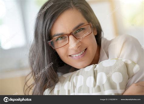 Portrait Smiling Brunette Woman Eyeglasses Stock Photo By Goodluz