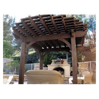 Poolside Timber Frame Pergola With Outdoor Fireplace Traditional