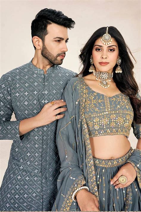 Matching Combo Couple Sequence Outfit With Grey Lehenga And Kurta