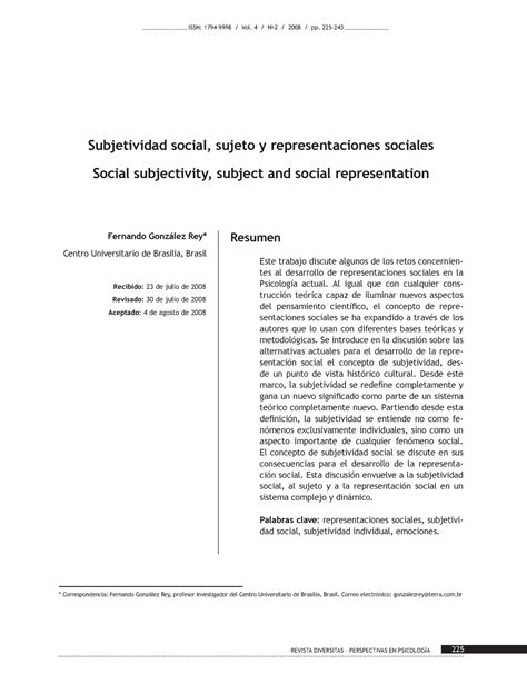 Subjetividad Y Sujeto Social Revista Diversitas Perspectivas En