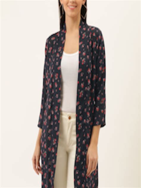 Buy Darzi Women Navy Blue Red Floral Print Open Front Shrug Shrug