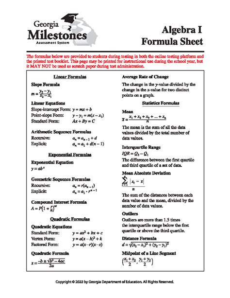 Algebra Formula Sheet Georgia Milestones Algebra I Assessment System