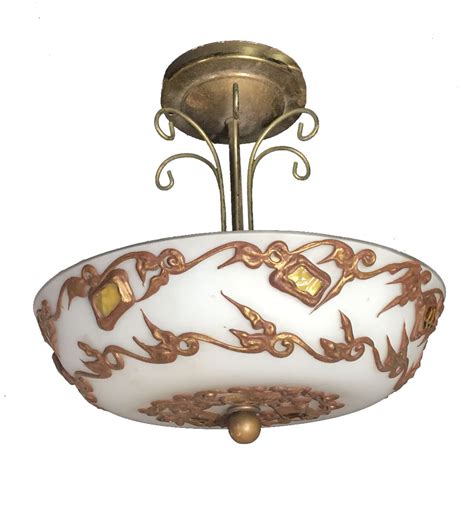 ANTIQUE vintage ceiling light fixture, glass ceiling shade with 4 ...