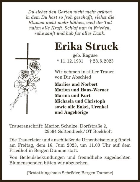 Das Trauerportal F R L Chow Dannenberg Todesanzeigen Erika Struck