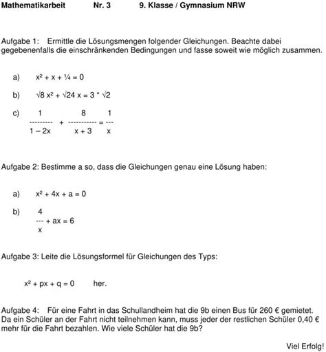 Klassenarbeit Zu Quadratische Gleichungen