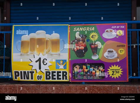 Sign Advertising Cheap Drinks Outside Bar In Tenerife Stock Photo Alamy