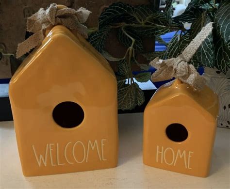 Bnib Rae Dunn Set Of 2 Orange Ceramic Welcome And Home Birdhouses Ebay