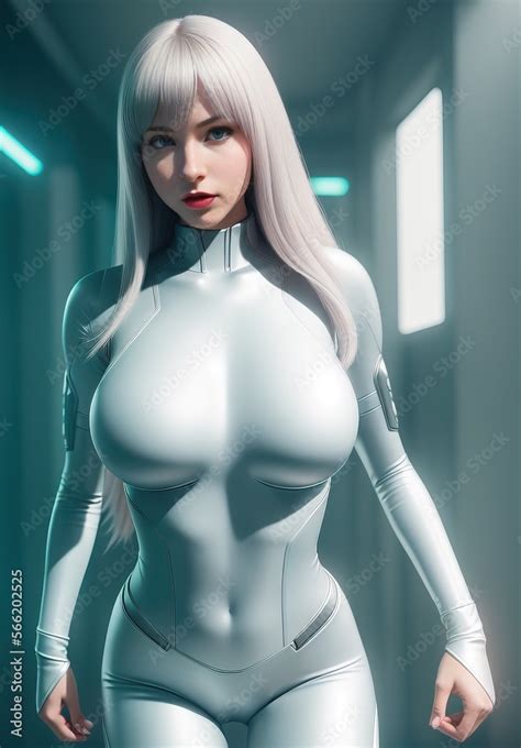 AI Generated Fictional Sci Fi Babe With Skin Tight White Suit And Curvy