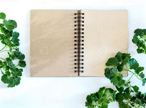 Kraft Paper Spiral Notebook With Green Leaves As Frame Stock