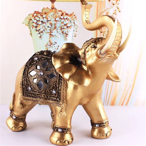 Golden Resin Elegant Elephant Figurines With Diamond Souvenir Trunk