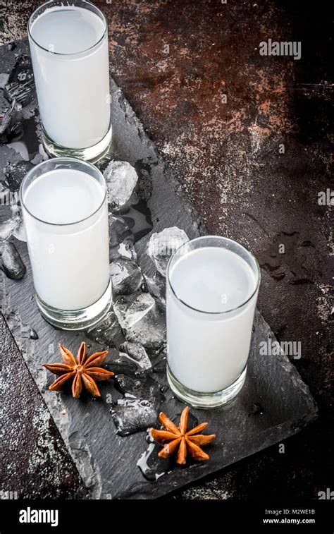 Traditional Arabic Alcohol Drink Raki With Anise Dark Rusty Background