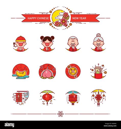 Vector Illustration Of Happy Chinese New Year Icons Set Modern Linear