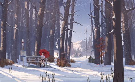 Winter Whisper Red Umbrella And Snow Anime Hd Wallpaper By Jing