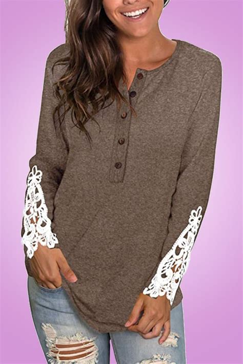 Wiholl Womens Long Sleeve Solid Color Round Neck Lace Buttons Tunic