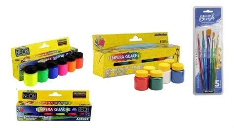 Kit Tempera Guache Neon B Sicas Cores Acrilex Pincel