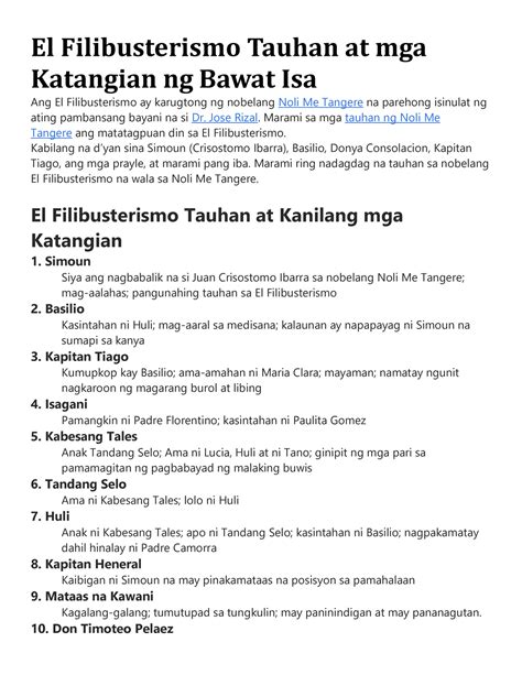 Mga Tauhan Ng El Filibusterismo El Filibusterismo Tauhan At Mga