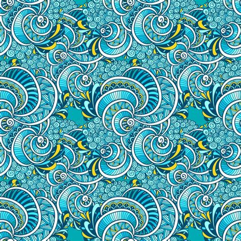 Abstract Zen Tangle Zen Doodle Marine Seamless Pattern Blue Orange