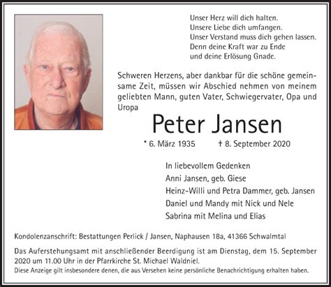 Traueranzeigen Von Peter Jansen Trauer Und Gedenken