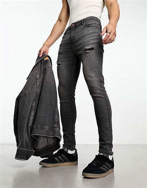 Asos Design Jeans Spray On Elasticizzati Nero Slavato Con Strappi Asos