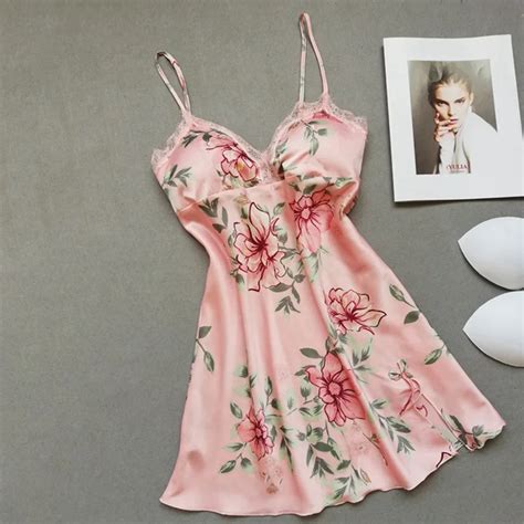 Women Sleeveless V Neck Nightgown Sexy Flower Printed Sleepwear Padded