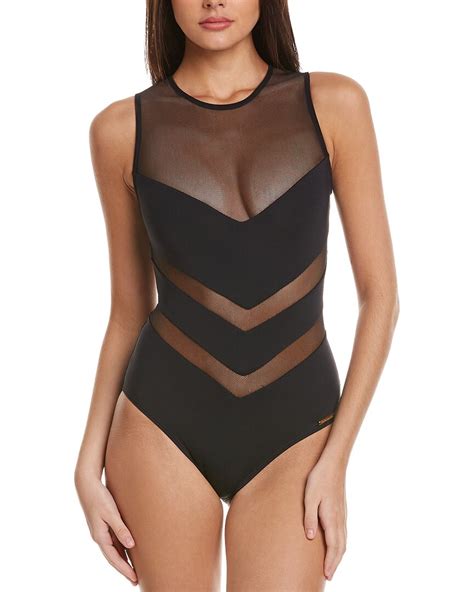 Vince Camuto High Neck Zip Back One Piece Swimsuit In Black Modesens