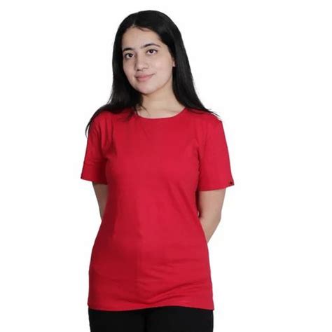 Half Sleeve Women Round Neck Red T Shirt Casual Wear Size Medium At