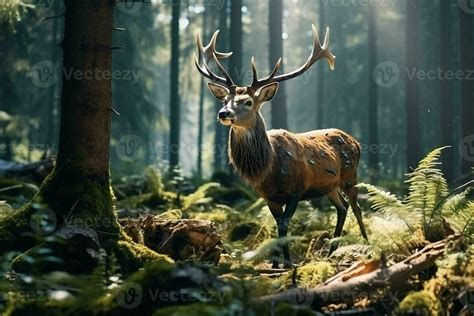 Majestic red deer stag in the forest. Beautiful wild deer in the forest ...