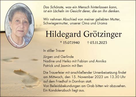 Traueranzeigen von Hildegard Grötzinger Schwarzwälder Bote Trauer