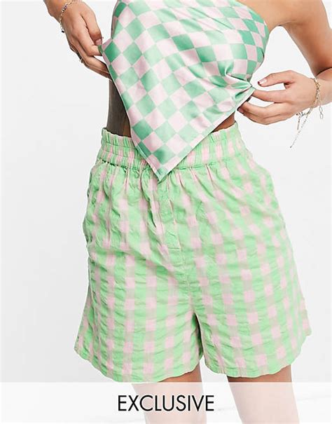 Collusion Gingham Seersucker Shorts In Green And Pink Asos