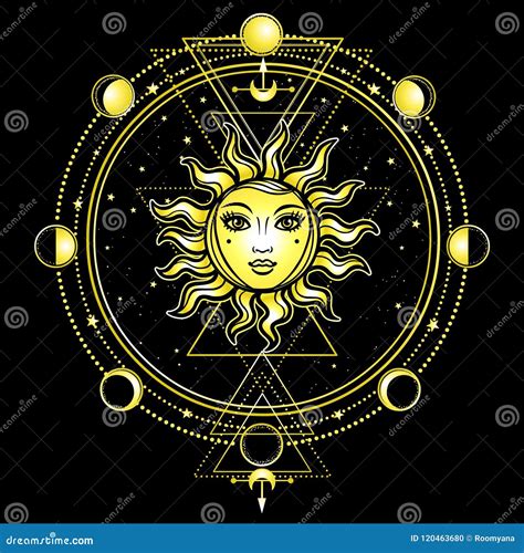 Dibujo Místico El Sol Con Un Rostro Humano Geometría Sagrada Fases