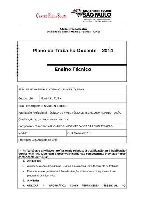 Pdf Plano De Trabalho Docente Ensino T Cnicoetectupa Br