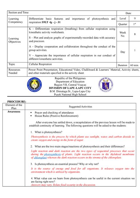 S9 Q1 W8 D1 A Detailed Lesson Plan And Activities Section And Time Date Learning