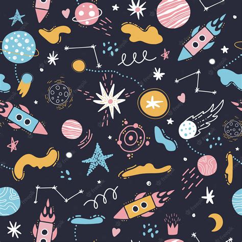 Premium Vector Seamless Space Pattern Rockets Stars Planets