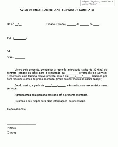 Aviso Padrão Para Antecipação De Encerramento De Contrato