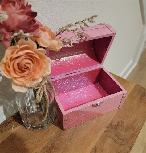 Pink Themed Wood Treasure Chest Birthday Gift Keepsake Box Jewelry