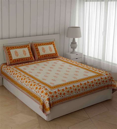 Buy Yellow Traditional 108 Tc Cotton King Sized Bed Sheets With 2