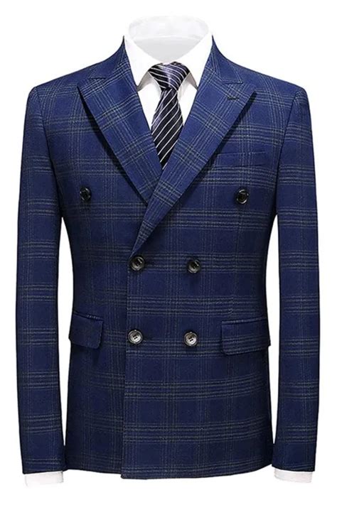 Noah Fashion Navy Blue Double Breasted Plaid Men Suits For Business