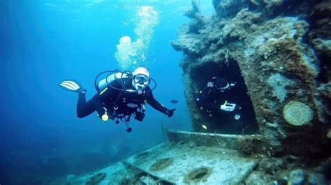 Premium AI Image Scuba Diver Exploring A Sunken Shipwreck In The