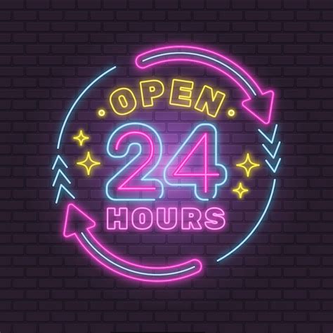 Letrero de neón colorido abierto las 24 horas Vector Gratis