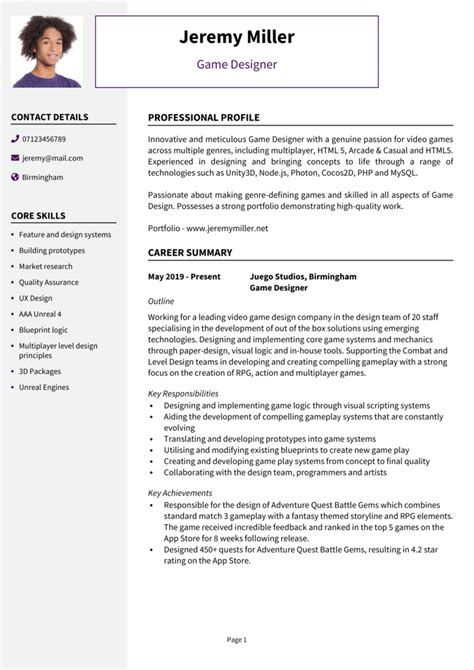 Game Design Cv Example Guide Land Job Interviews