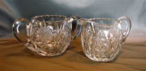 American Brilliant Period Cut Crystal Creamer And Sugar Set Antique