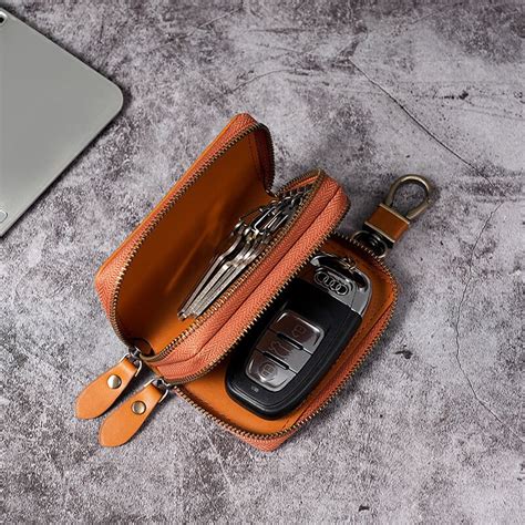 Echt Lederen Autosleutel Houder Tas Sleutelhanger Geval Met 4 Etsy