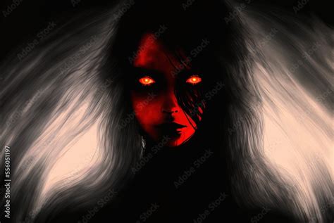 Scary evil spirit with glowing red eyes haunts the foggy woods at ...