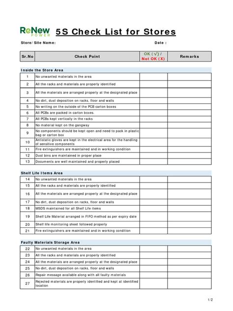 5S Checklist Blank Form | PDF | Materials | Safety