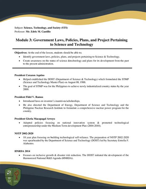 M Lecture Notes Sts Reviewer Subject Science Technology And