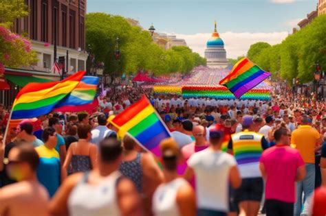 Una multitud de personas con banderas del arco iris en el día del